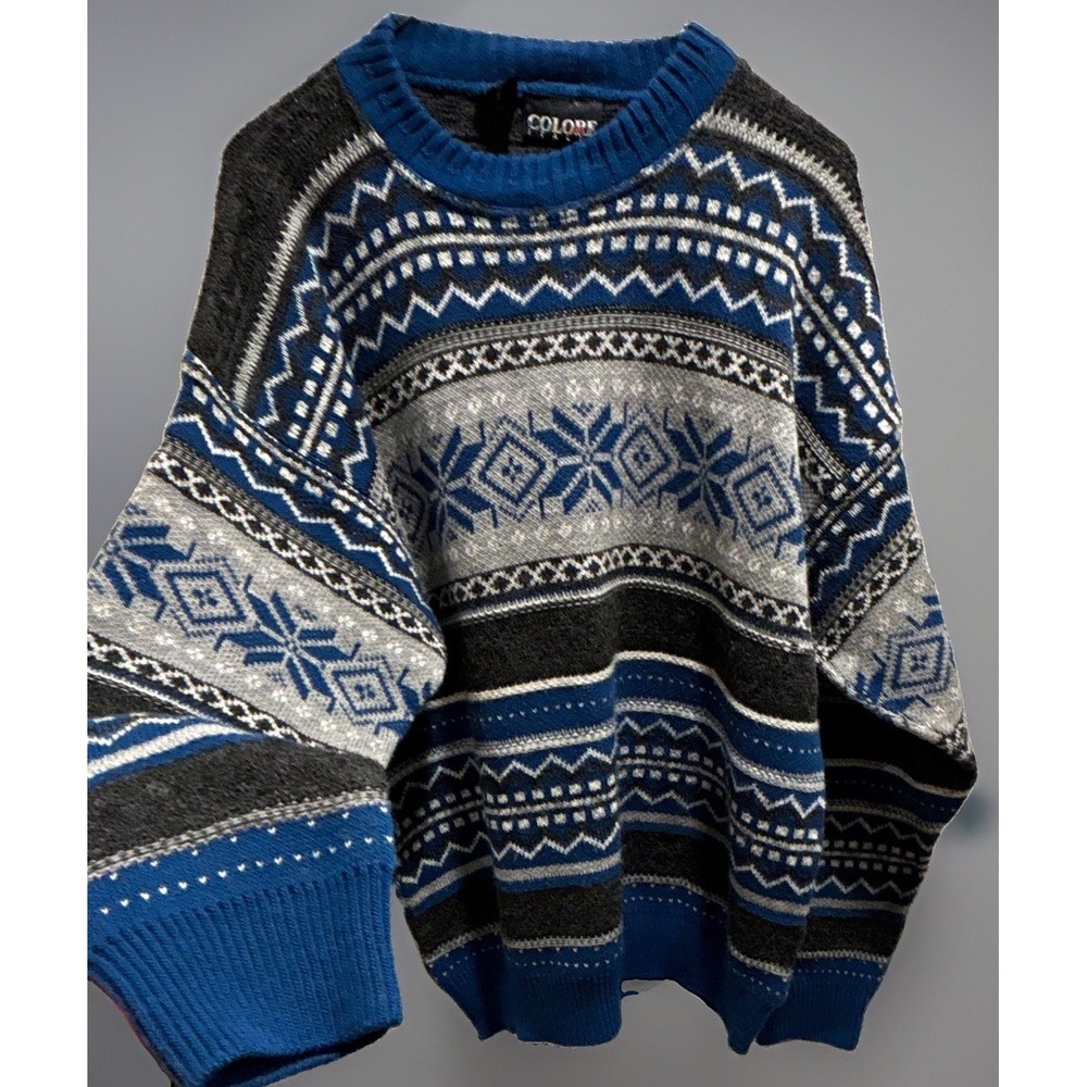 Vtg Colore Italia Wool blend Fair Isle Crew Knit Pullover blue gray Sweater XL